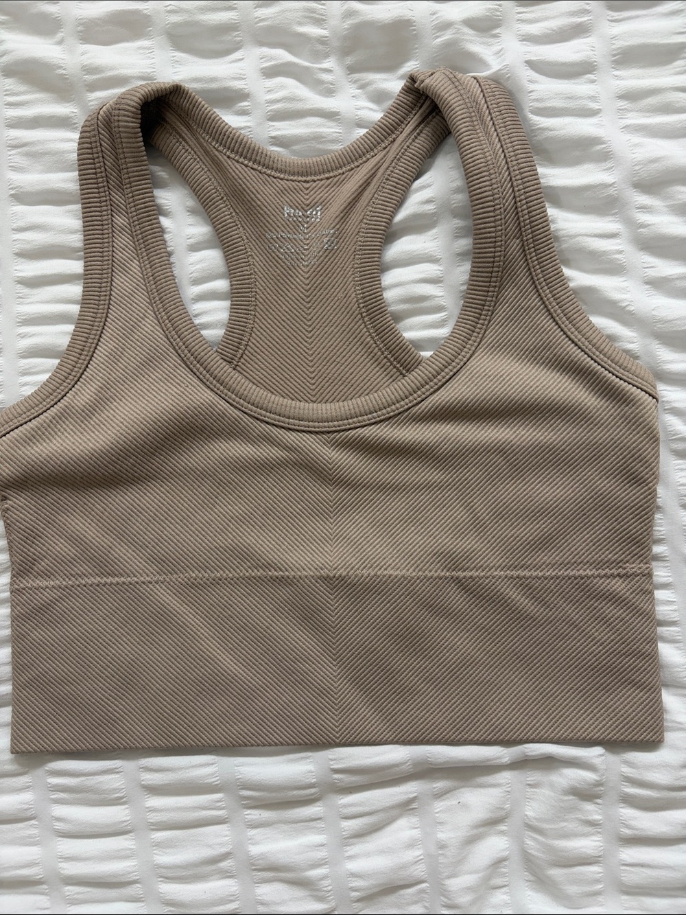 Pro-Fit Ribbed Racerback Seamless Bralette - Taupe. Size Med. Add pads or none.